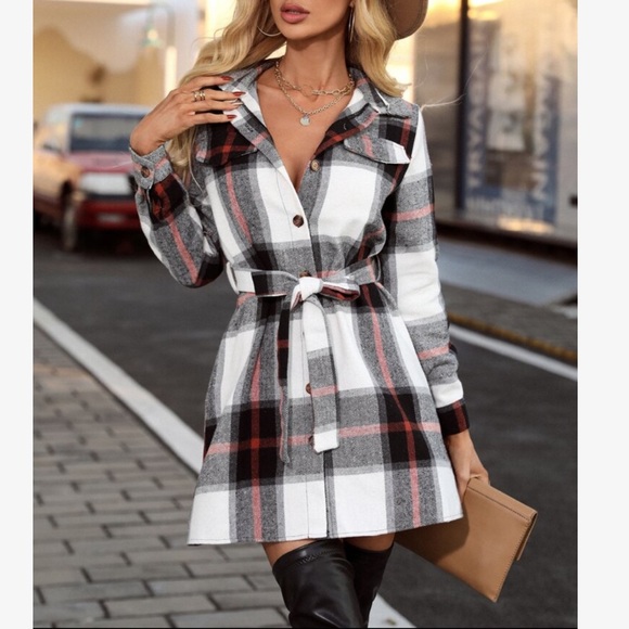 Cozy Plaid Button Up Belted Shirt Dress - Picture 4 of 6